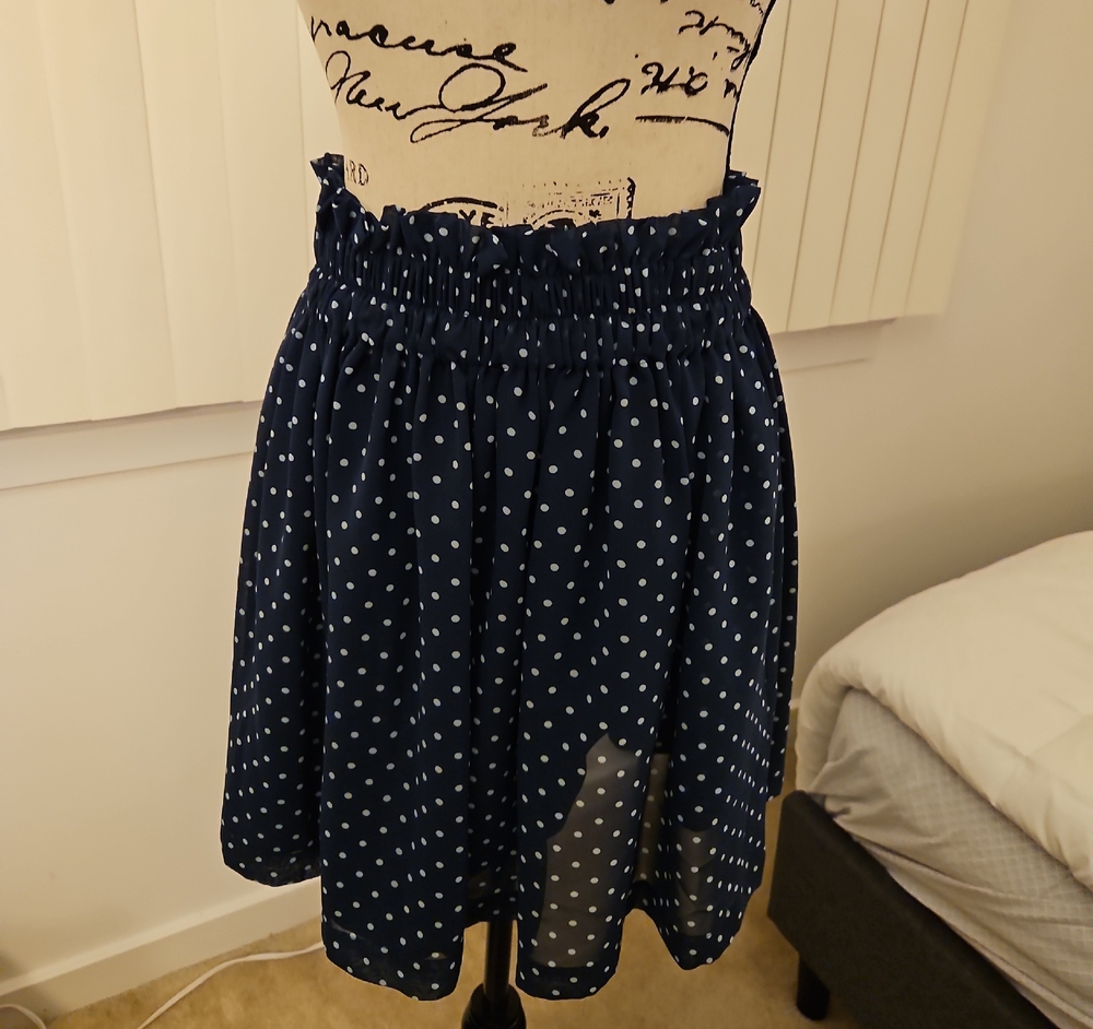 Adore Navy and White Polka Dot Smocked Waist Skirt